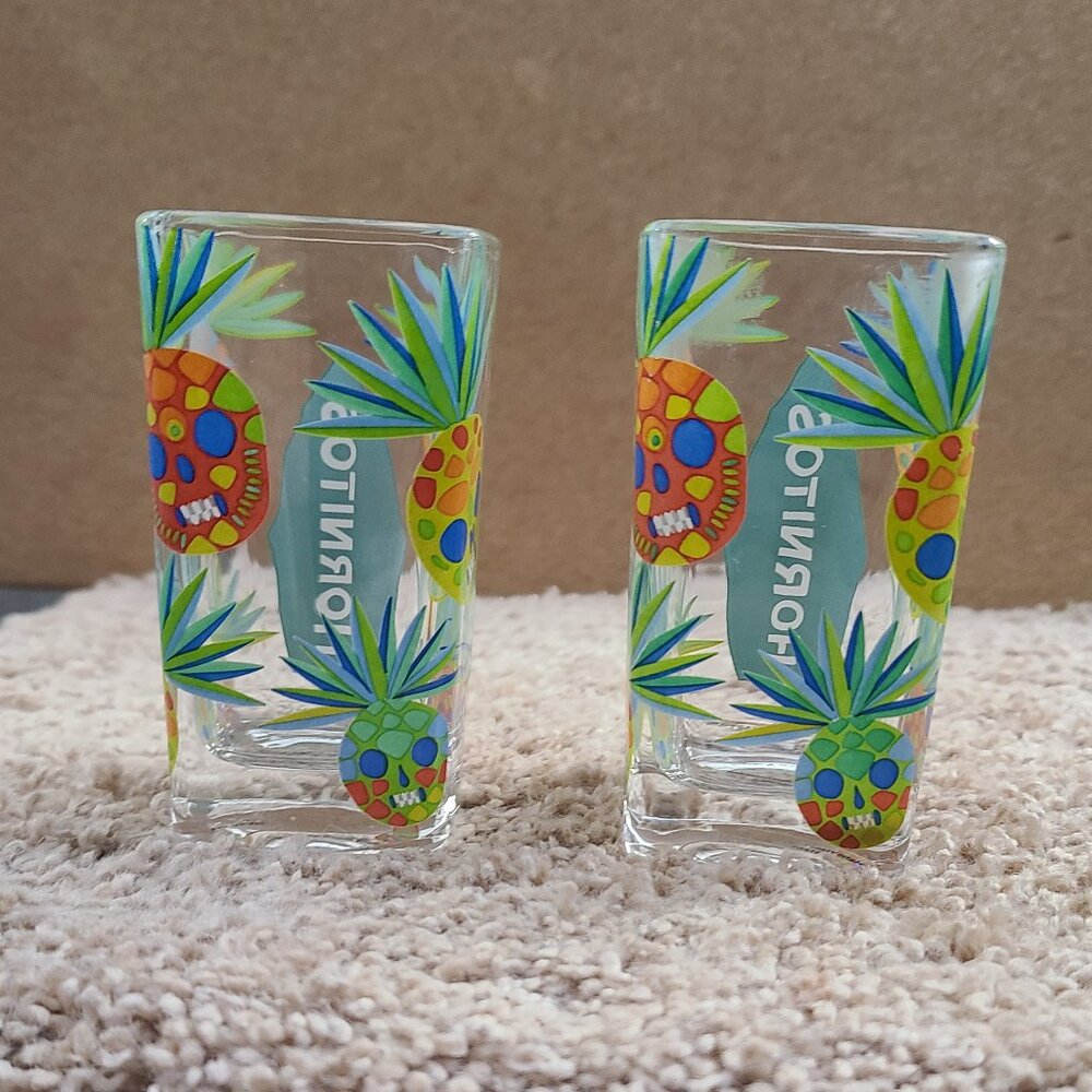 2 Hornitos Square Colorful Tropical Pineapple Skulls Tequila Shot Glass Souvenir - Picture 4 of 6